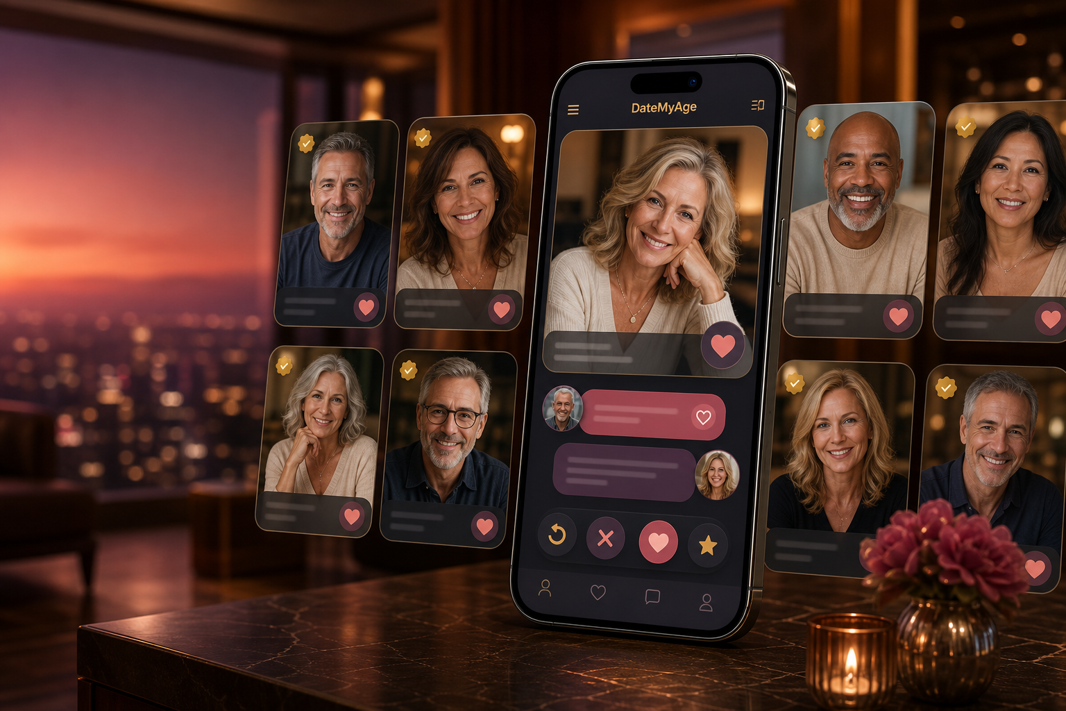 DateMyAge mature dating app profile cards and chat preview